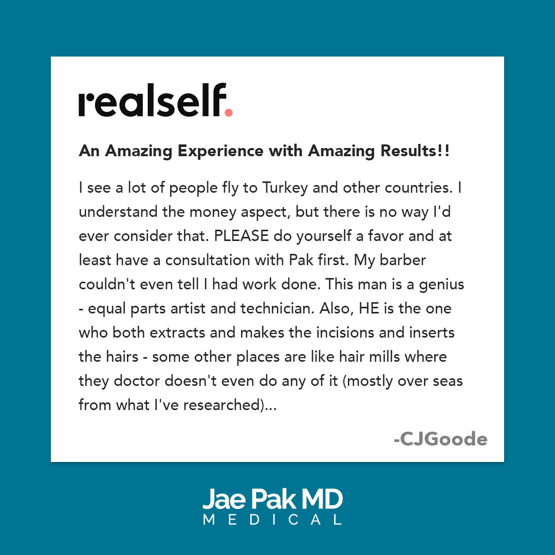 An image of a client review saying how wonderful Dr. Jae Pak services are
