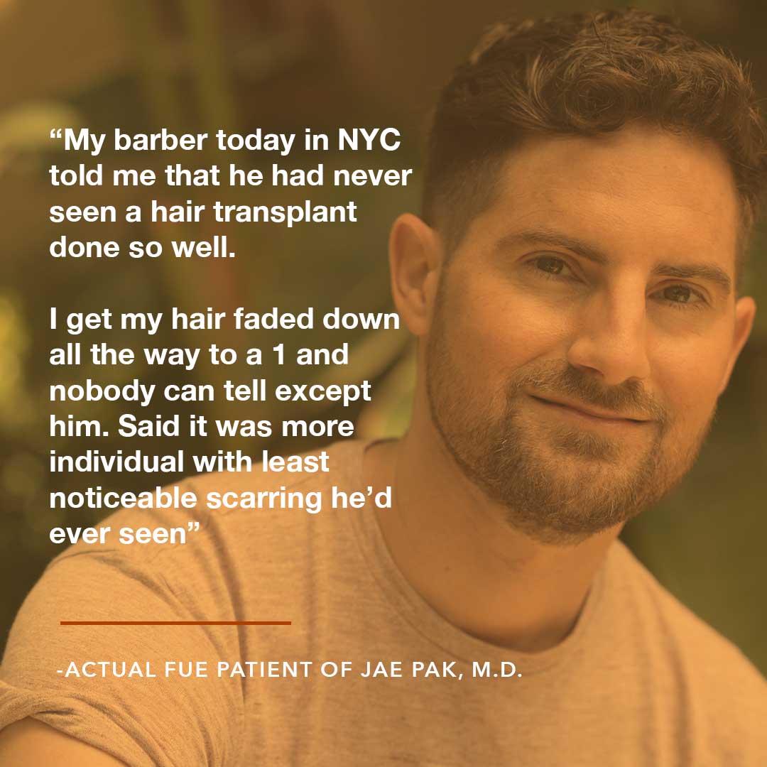 An image of Dr. Jae Pak's client's testimony after a successful hair transplant